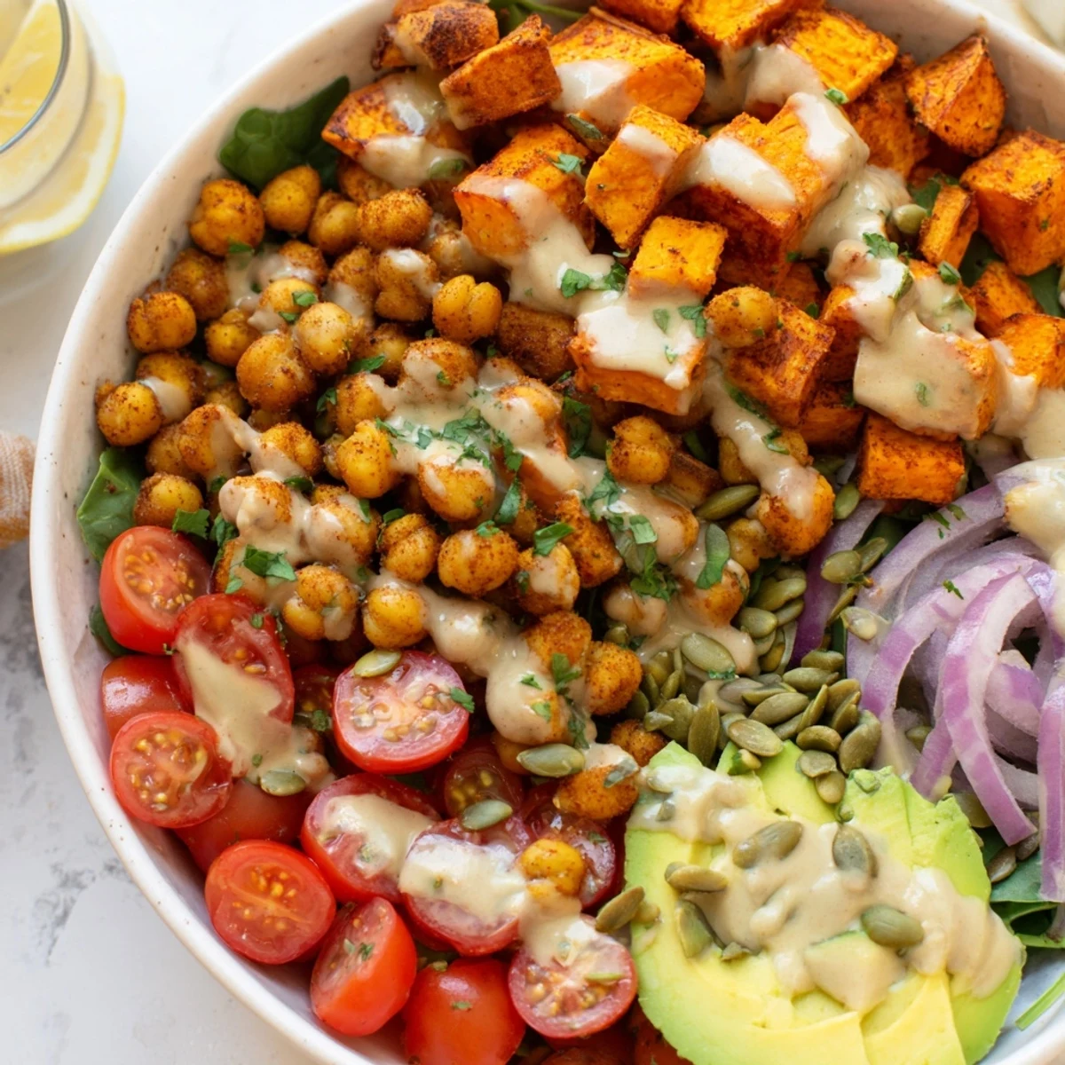 Golden roasted sweet potato chickpea bowl drizzled with creamy tahini dressing on fresh greens