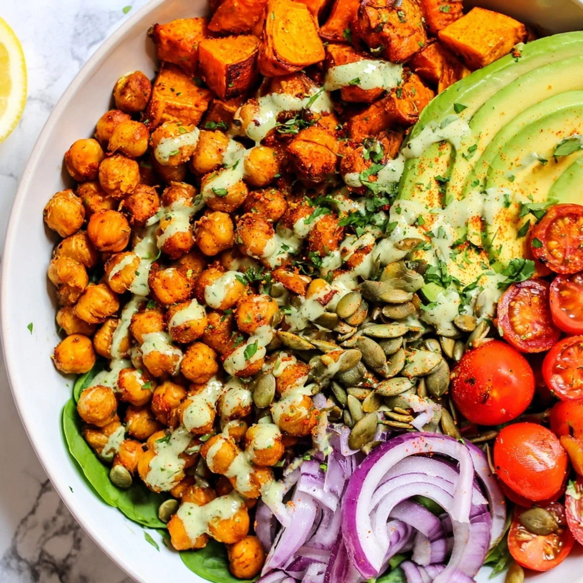 Crispy spiced chickpeas and tender sweet potatoes in a vibrant vegan power bowl
