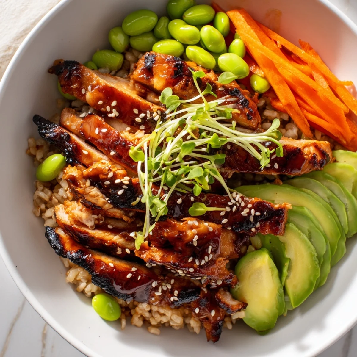 Glossy teriyaki chicken grain bowl drizzled with sticky, sweet-savory glaze and colorful vegetables
