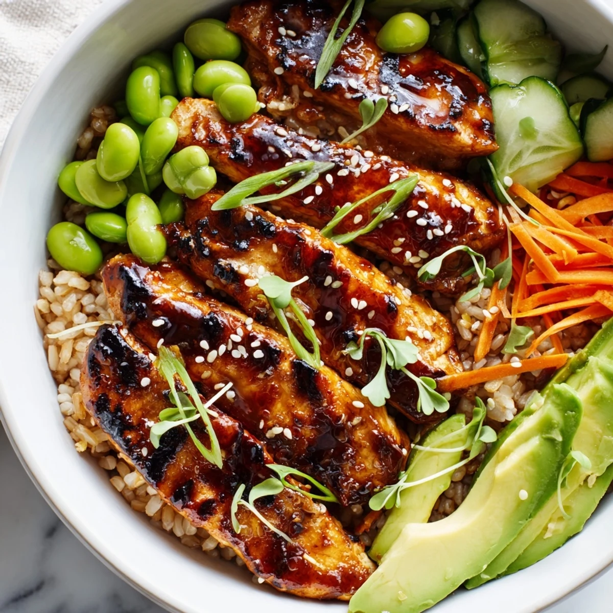 Steaming teriyaki chicken grain bowl topped with sliced avocado, edamame, and toasted sesame seeds