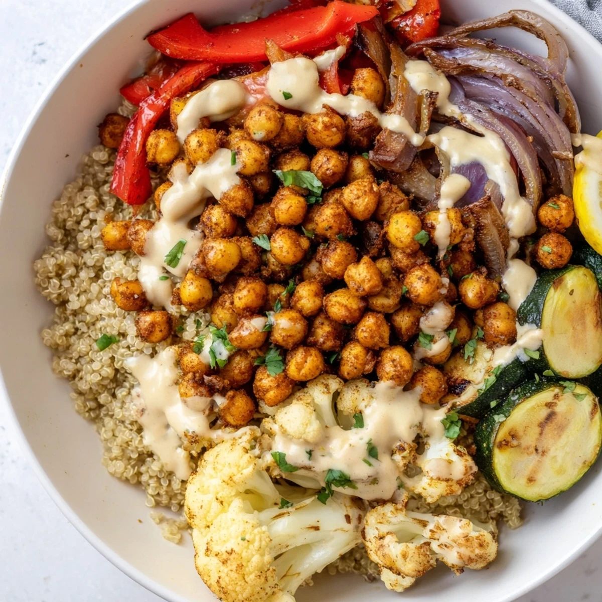 Vibrant Moroccan chickpea bowl with spiced tender vegetables and fresh herbs