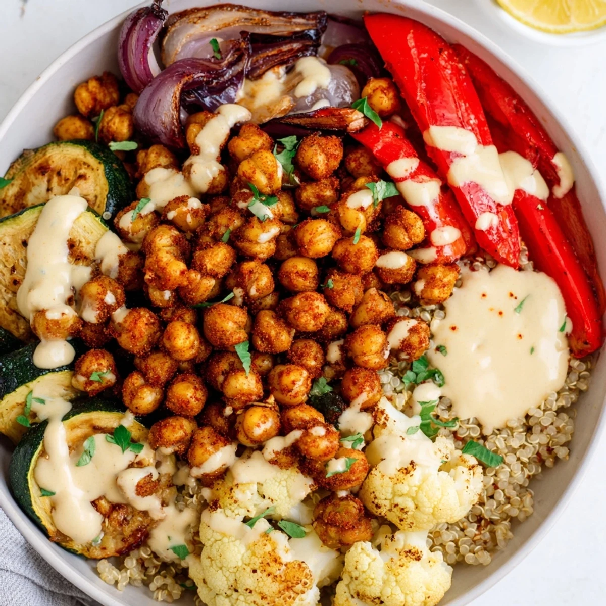 Golden roasted Moroccan chickpea bowl drizzled with creamy lemon tahini sauce