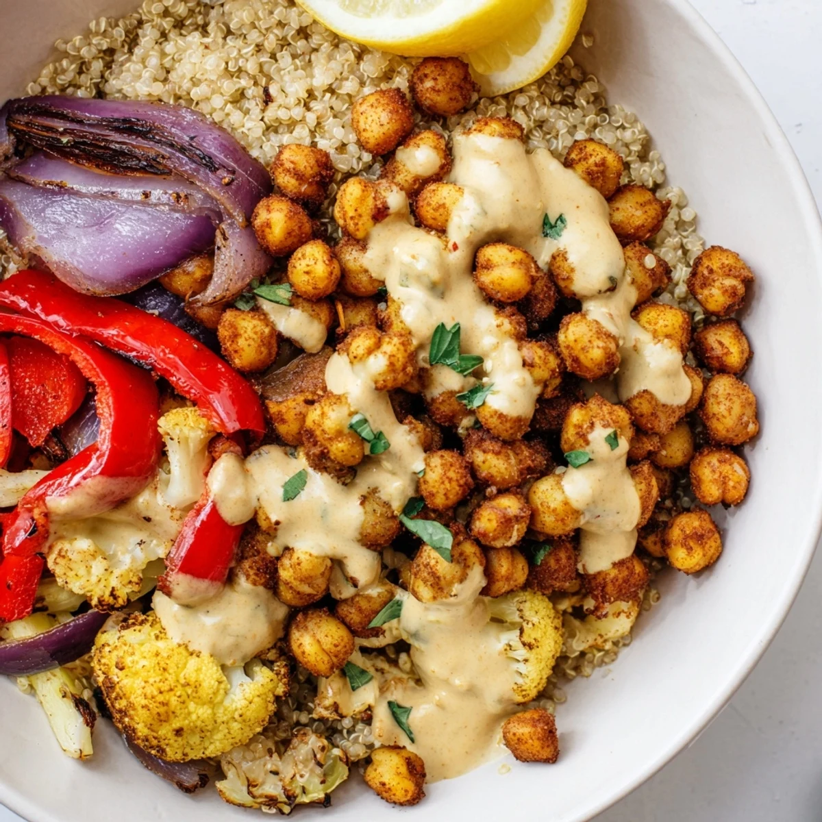 Crispy spiced Moroccan chickpea bowl topped with roasted cauliflower and zucchini