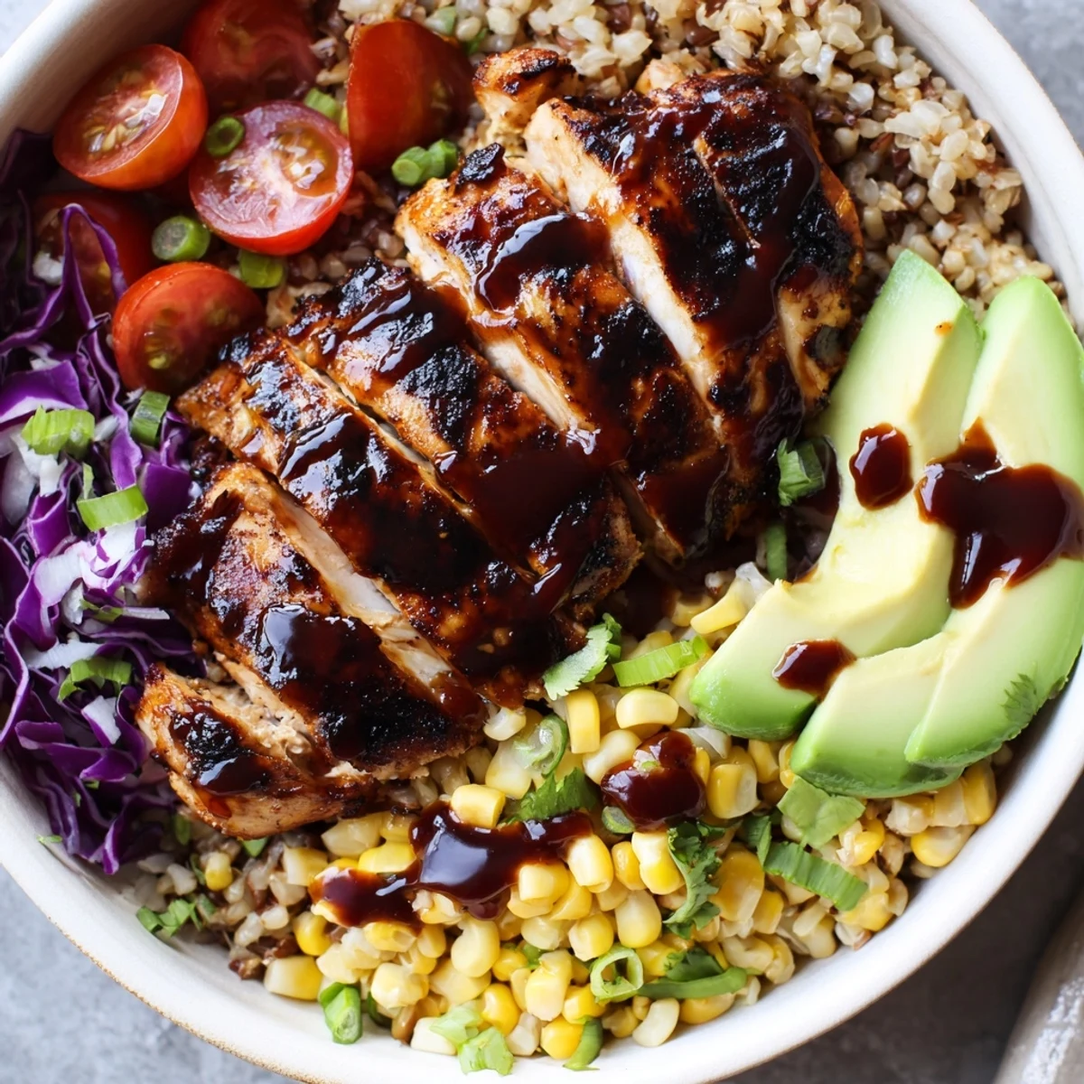 Smoky barbecue chicken grain bowl topped with fresh avocado and colorful vegetables