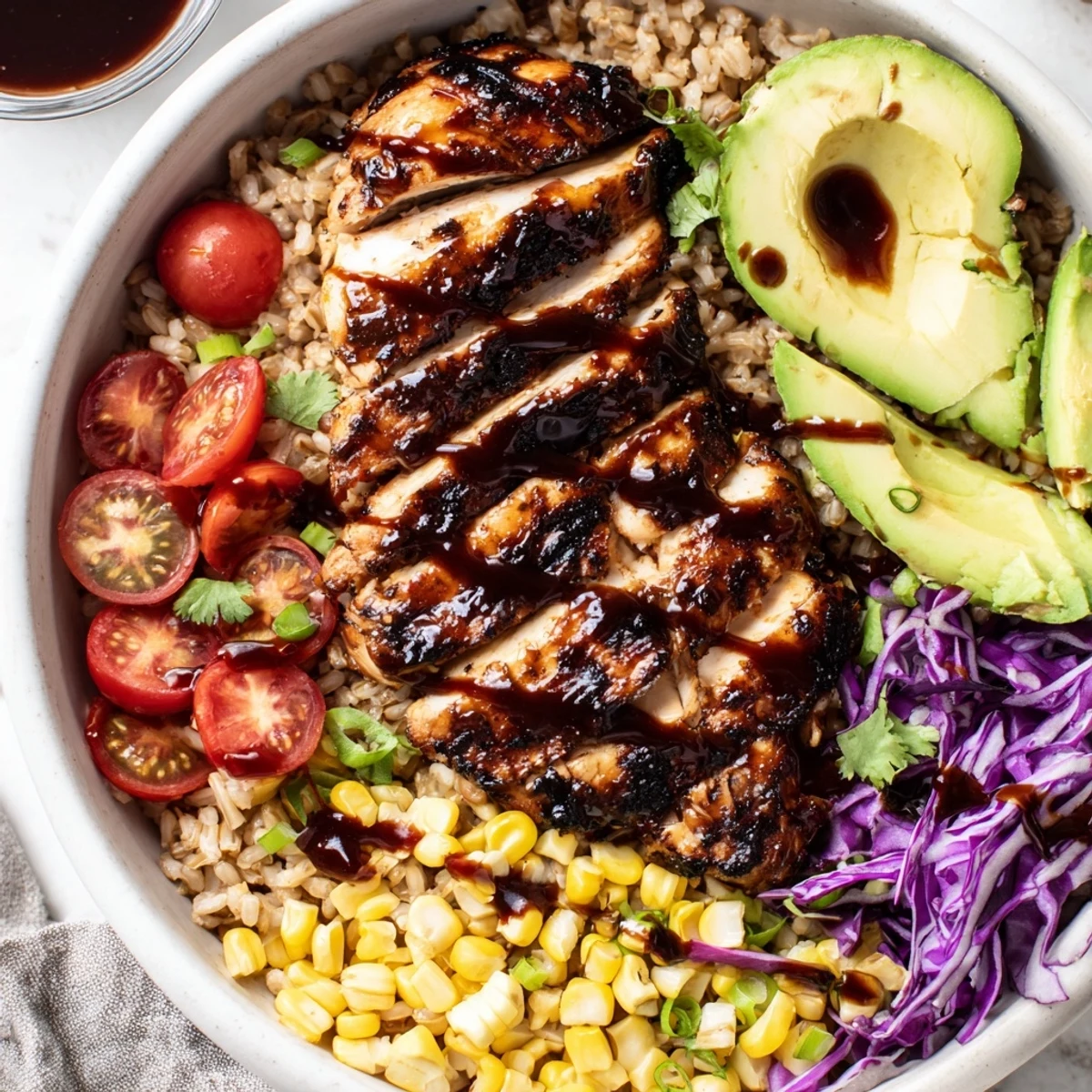 Barbecue chicken grain bowl served over fluffy brown rice with vibrant toppings