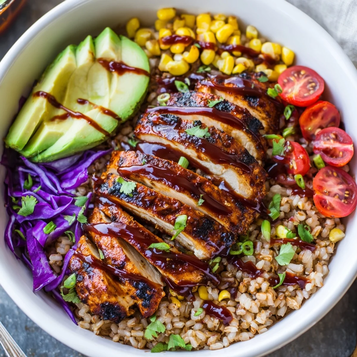 Grilled barbecue chicken grain bowl drizzled with tangy sauce and crisp shredded cabbage