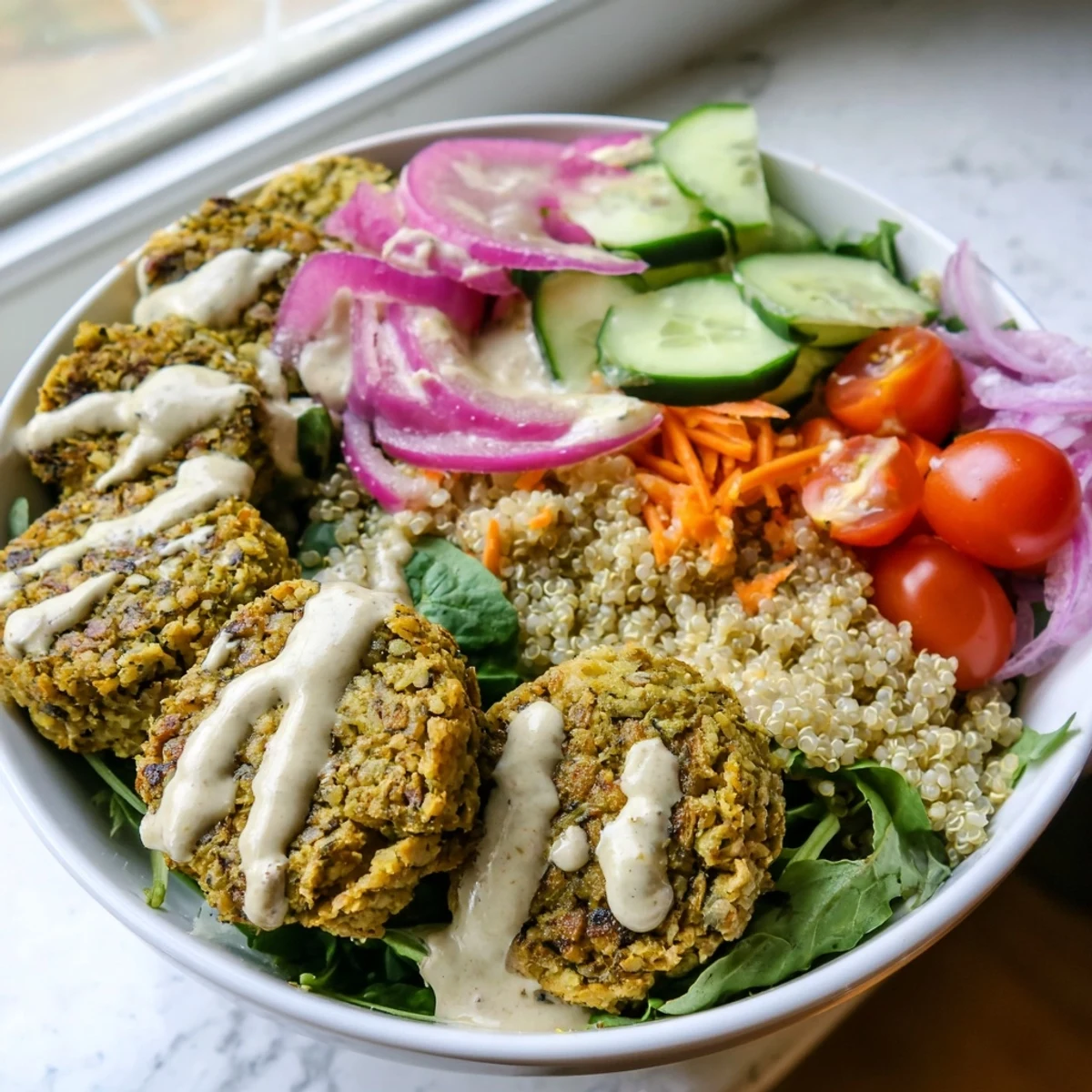 Crispy falafel grain bowl topped with fresh greens and creamy tahini drizzle
