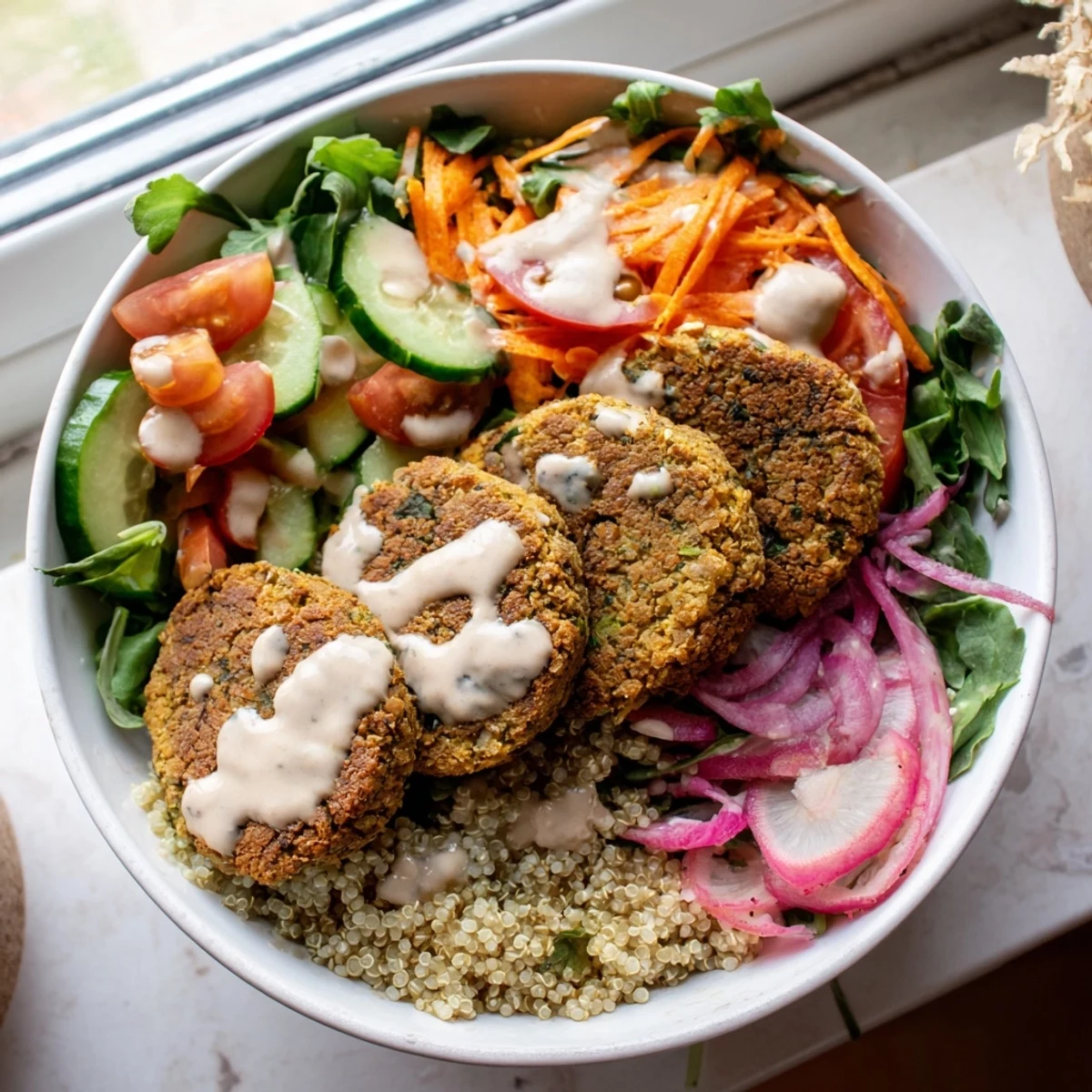 Golden pan-fried falafel grain bowl served over quinoa with colorful roasted vegetables