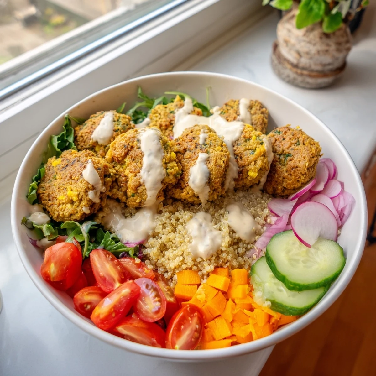 Warm falafel grain bowl garnished with shredded carrots, diced cucumber, and herbs