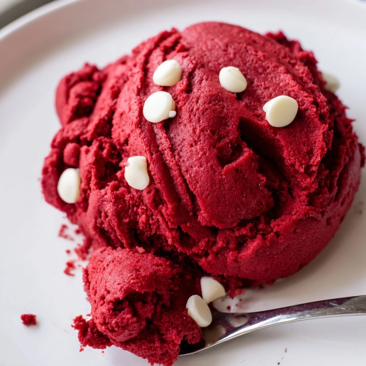 Creamy red velvet cookie dough scooped into a bowl with white chocolate chips