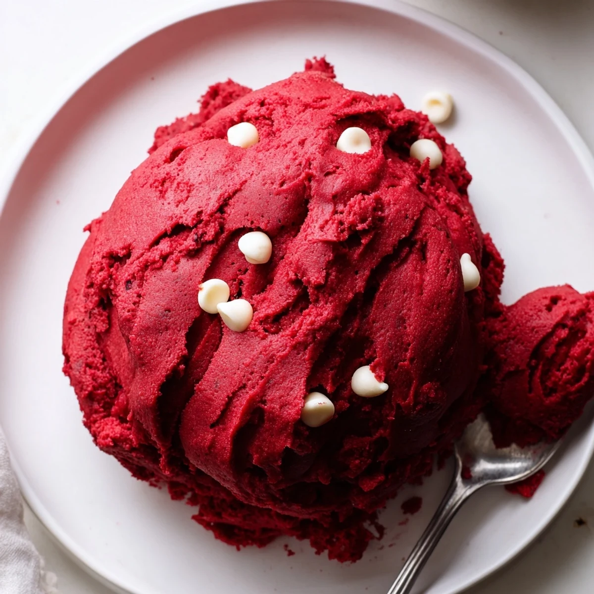 Rich red velvet cookie dough studded with mini chocolate chips ready for serving