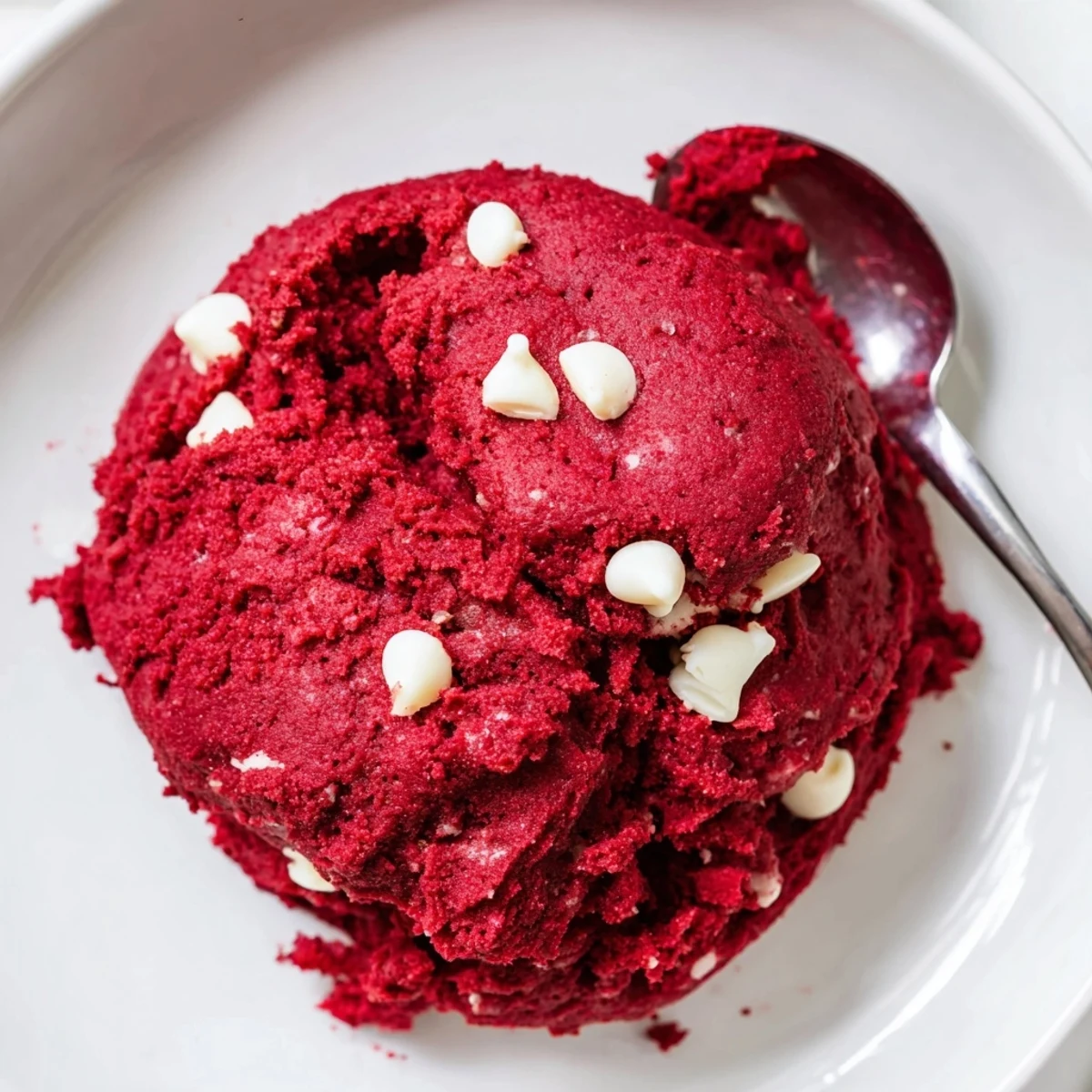 Vibrant red velvet cookie dough rolled into bite-sized balls on a rustic board