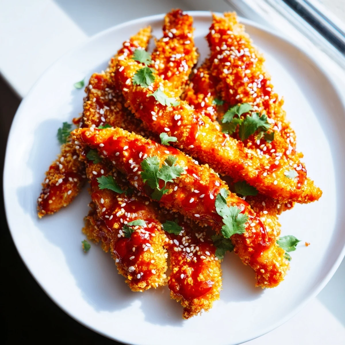Crispy Thai Sticky Chicken Fingers coated in a glossy sweet chili glaze topped with sesame seeds