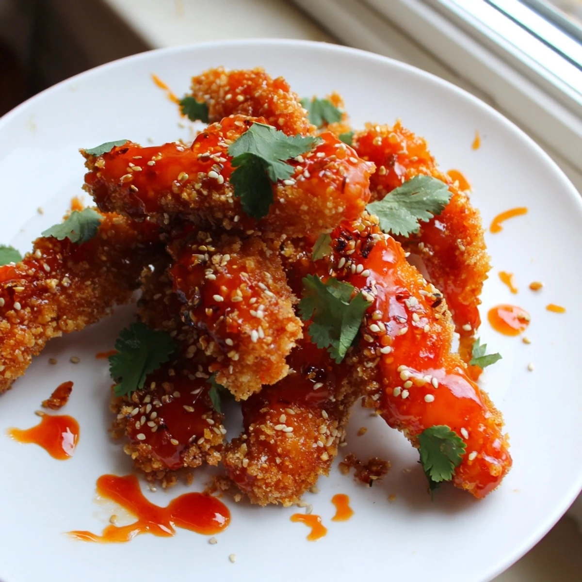 Thai Sticky Chicken Fenders arranged on a platter garnished with fresh cilantro and a sticky glaze