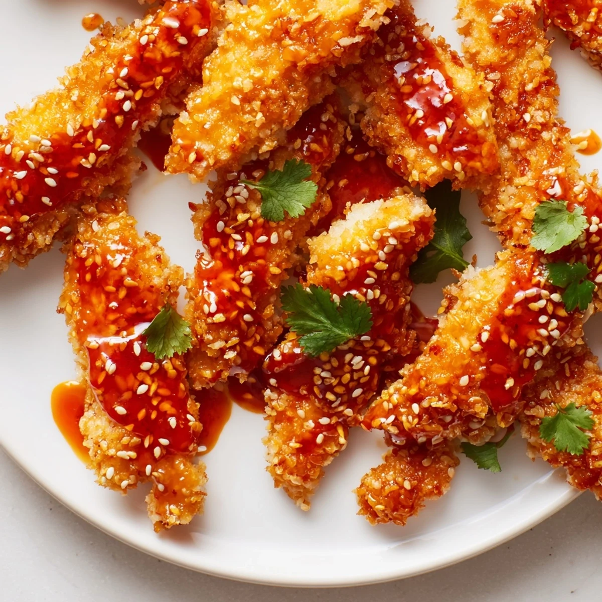 Golden panko-crusted Thai Sticky Chicken Fingers drizzled with tangy sauce and served with lime wedges
