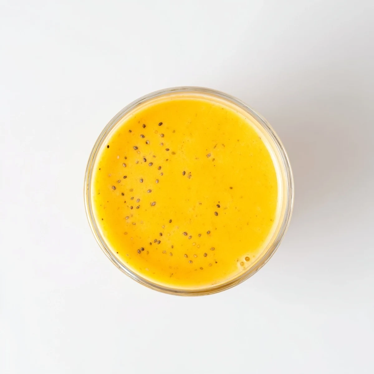 Glass of Tropical Sunrise Protein Smoothie with bright yellow orange hue, smoothie consistency, and optional toasted coconut or fruit slice garnish on a sunny kitchen counter