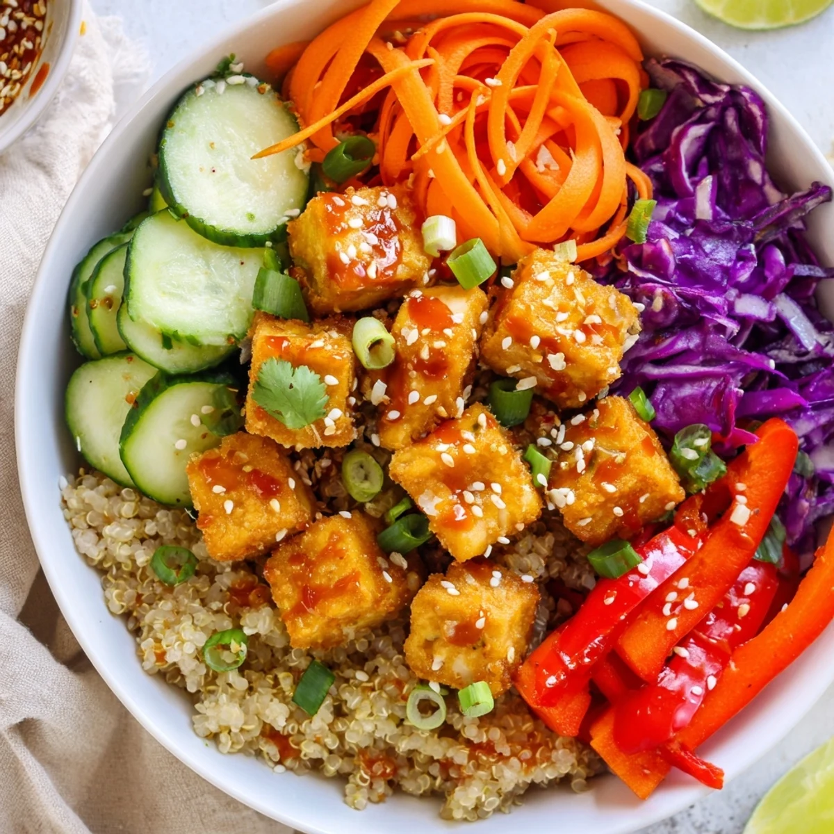 Golden crispy spicy tofu grain bowl loaded with fresh vegetables and zesty sauce