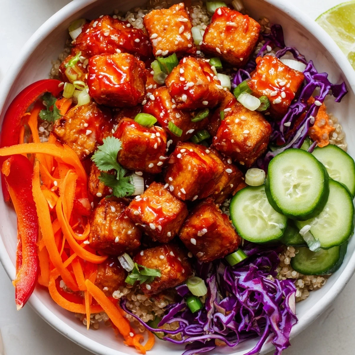 Spicy tofu grain bowl topped with colorful veggies and drizzled sesame dressing