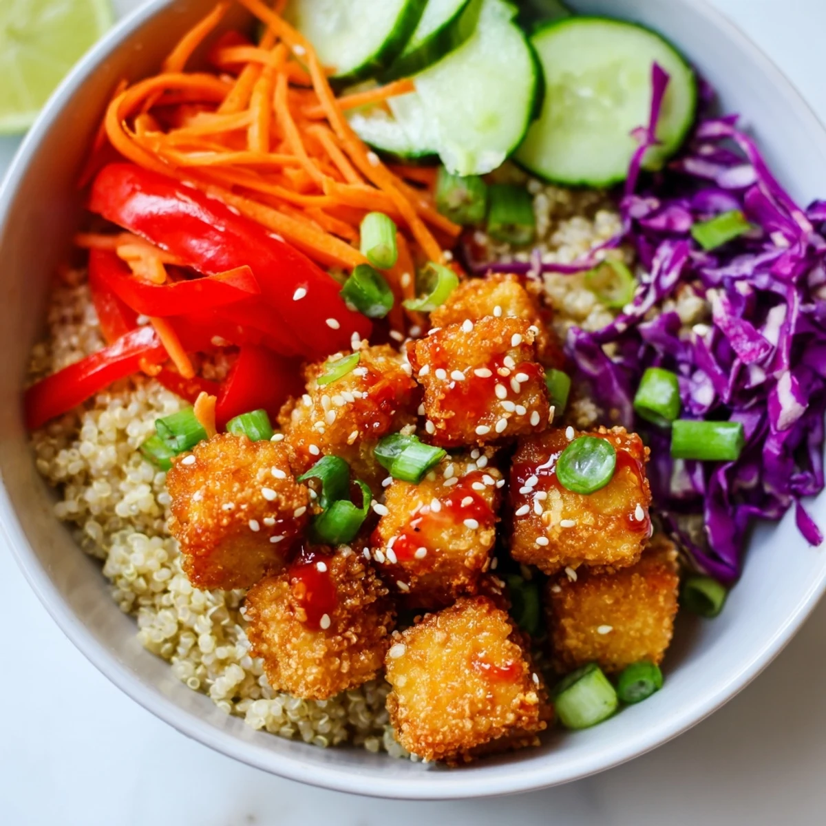 Steaming spicy tofu grain bowl garnished with cilantro, sesame seeds, and lime wedges