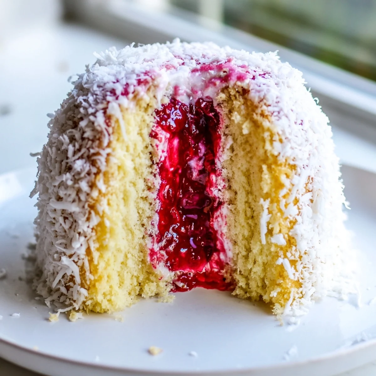 Raspberry lamingtons coated in fluffy coconut on a rustic wire rack