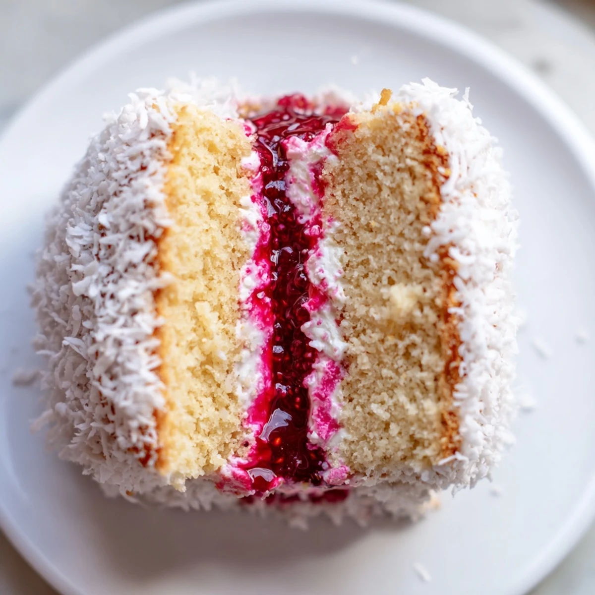 Pink raspberry lamingtons sliced open revealing jam and whipped cream filling