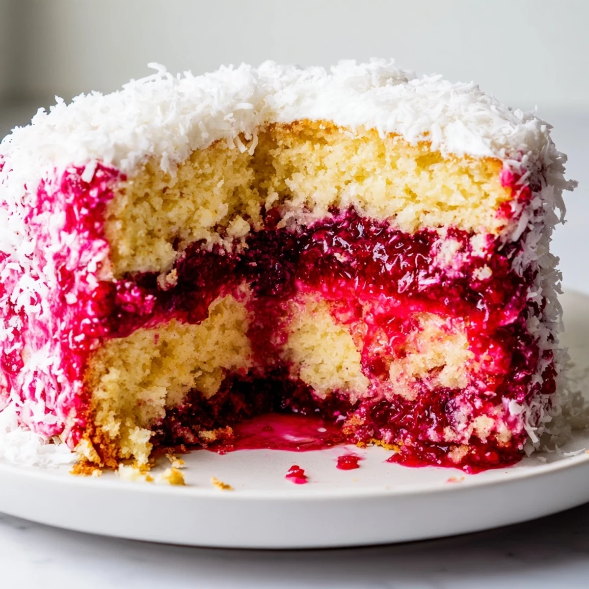 Square raspberry lamingtons dusted with coconut served on a decorative dessert plate