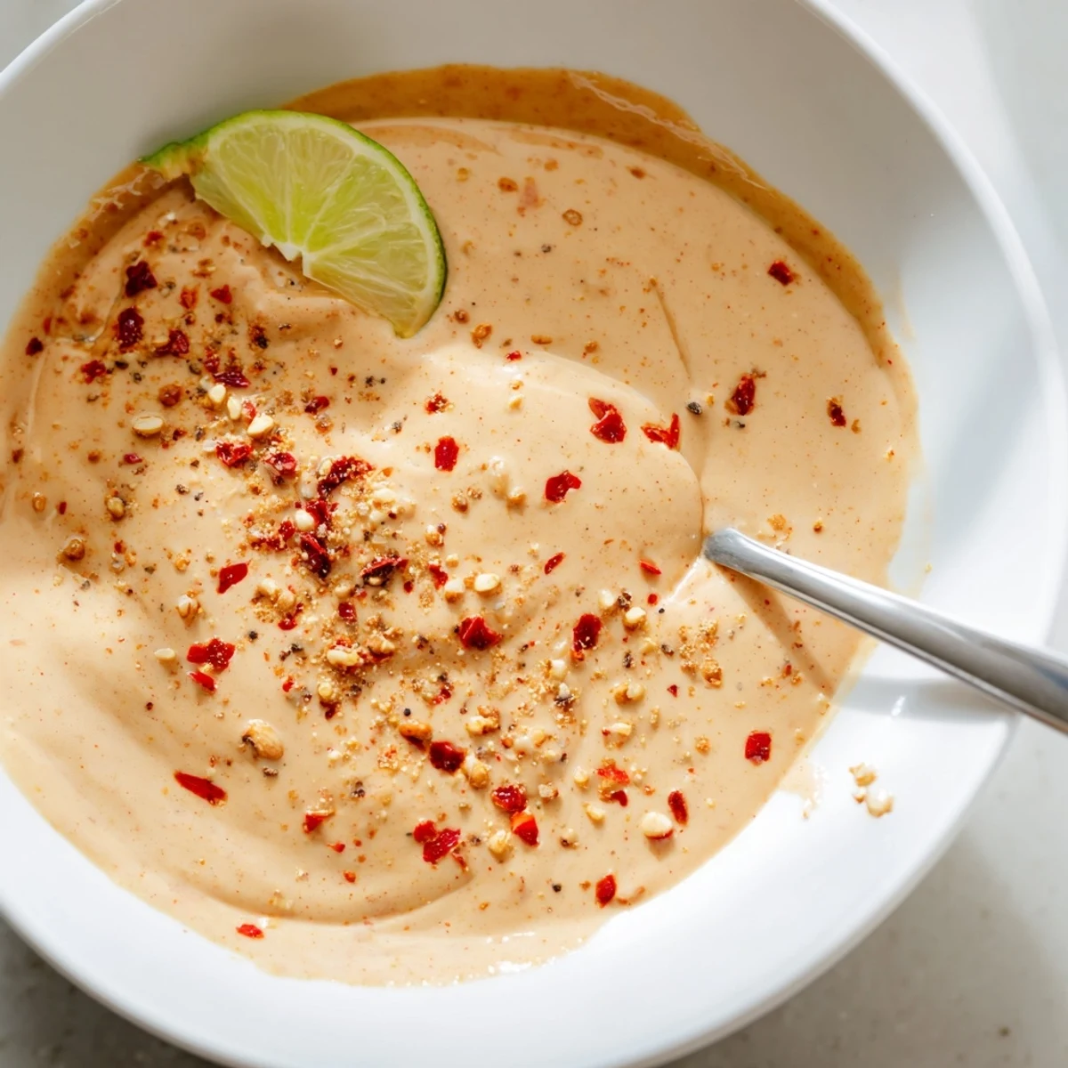 Creamy chili lime tahini sauce drizzled over a colorful roasted vegetable bowl