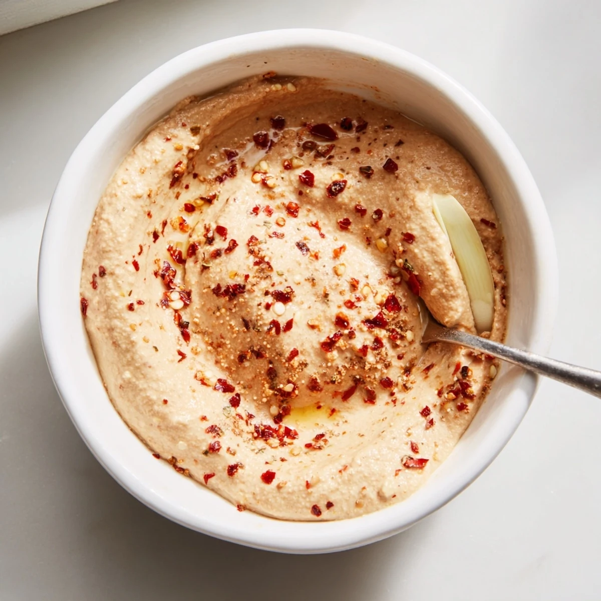 Thick chili lime tahini sauce in a bowl with red pepper flakes