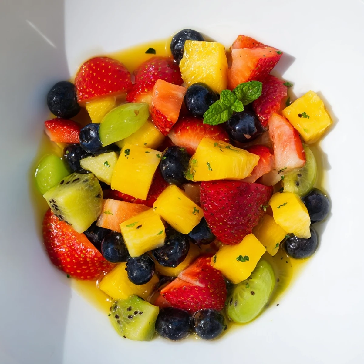 Fresh strawberries mango and kiwi glazed with sweet honey lime dressing