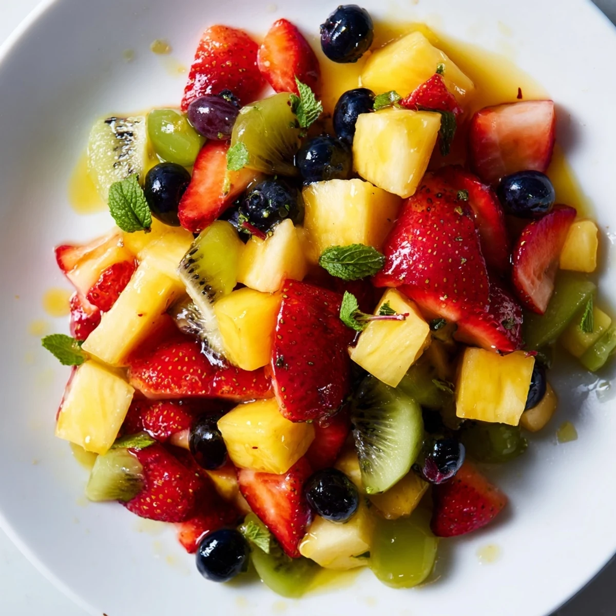 Glistening fruit salad with honey lime dressing topped with fresh mint leaves