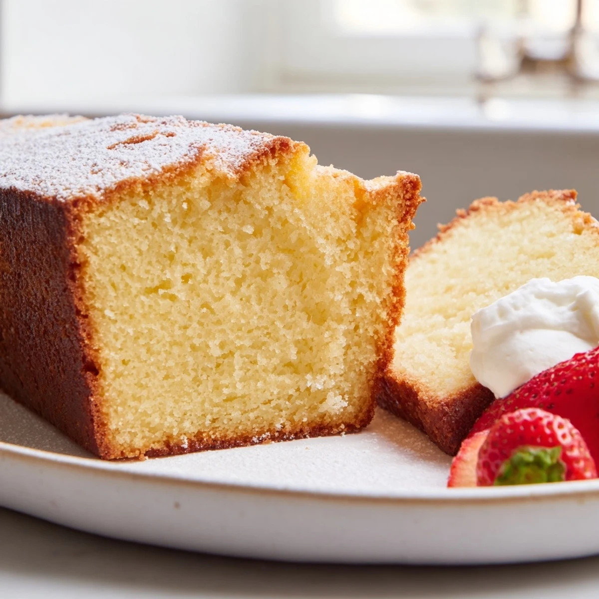 Golden slice of classic pound cake served on a white ceramic plate