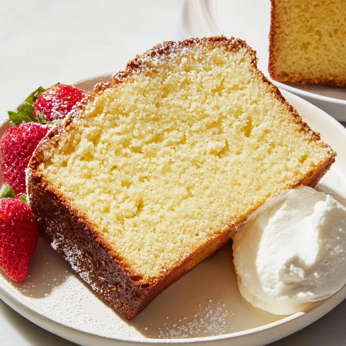 Moist pound cake with a tender crumb topped with fresh berries