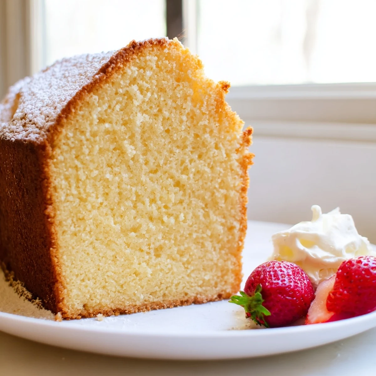 Warm buttery pound cake fresh from the oven with a golden crust