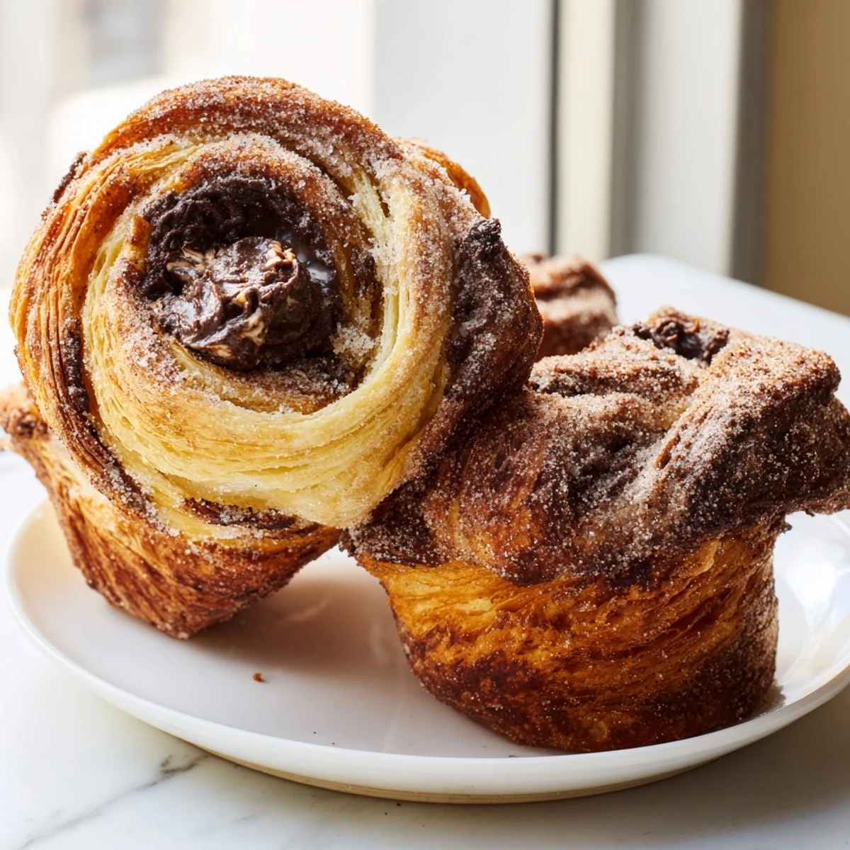 Golden cruffins with flaky layers and cinnamon sugar dusted on a cooling rack