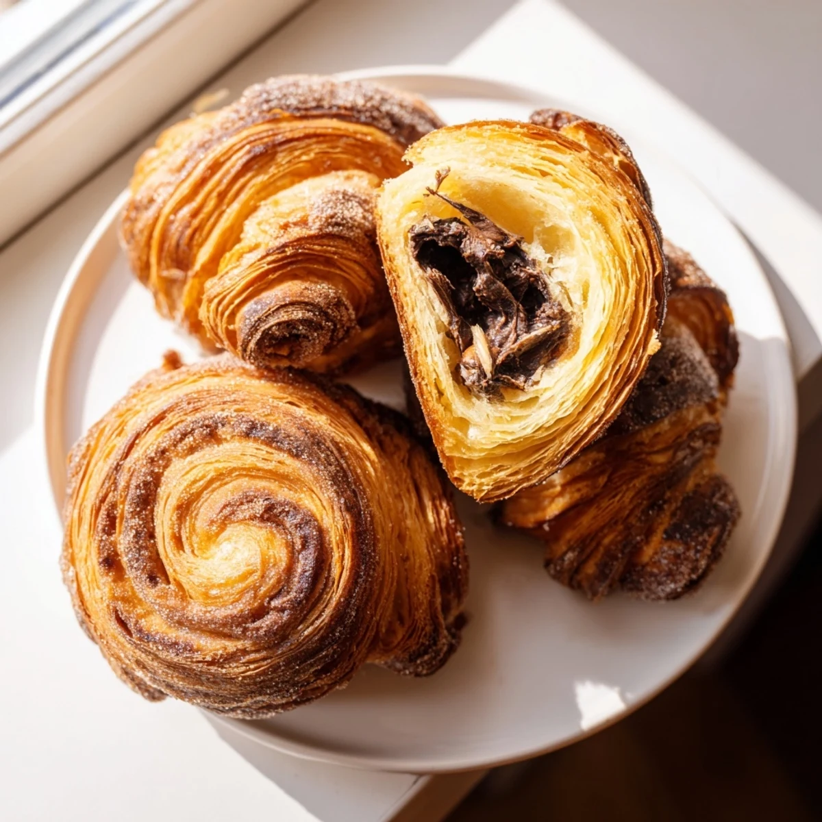 Warm cruffins fresh from the oven revealing buttery spiral pastry layers inside