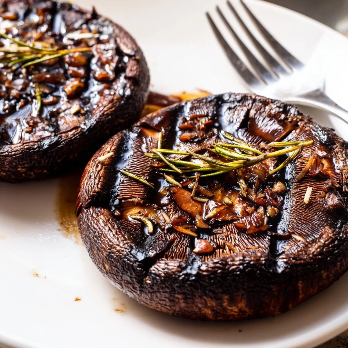 Juicy grilled Portobello steaks with charred edges on a rustic wooden cutting board