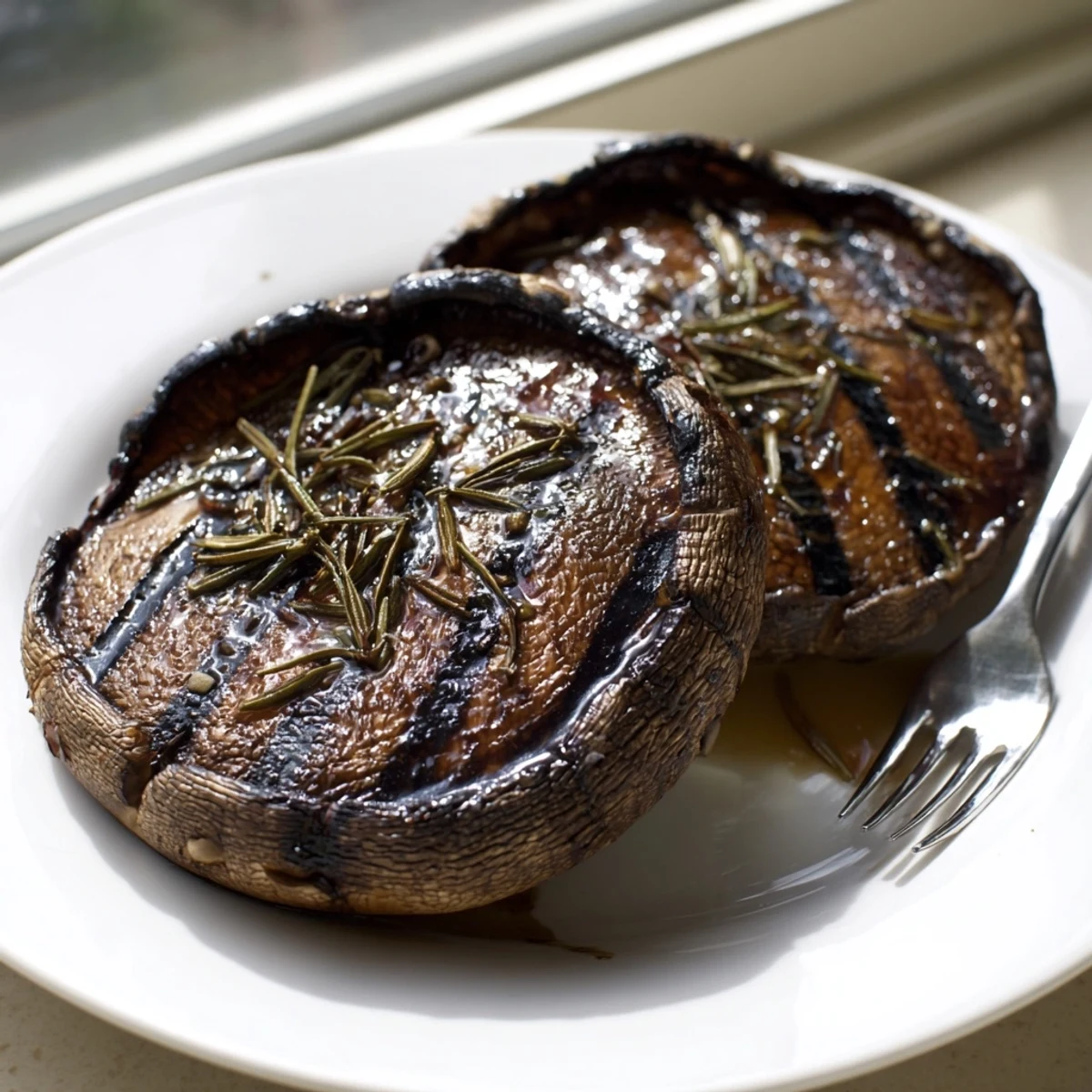 Tender balsamic-marinated Portobello steaks sizzling hot off the grill, garnished with rosemary