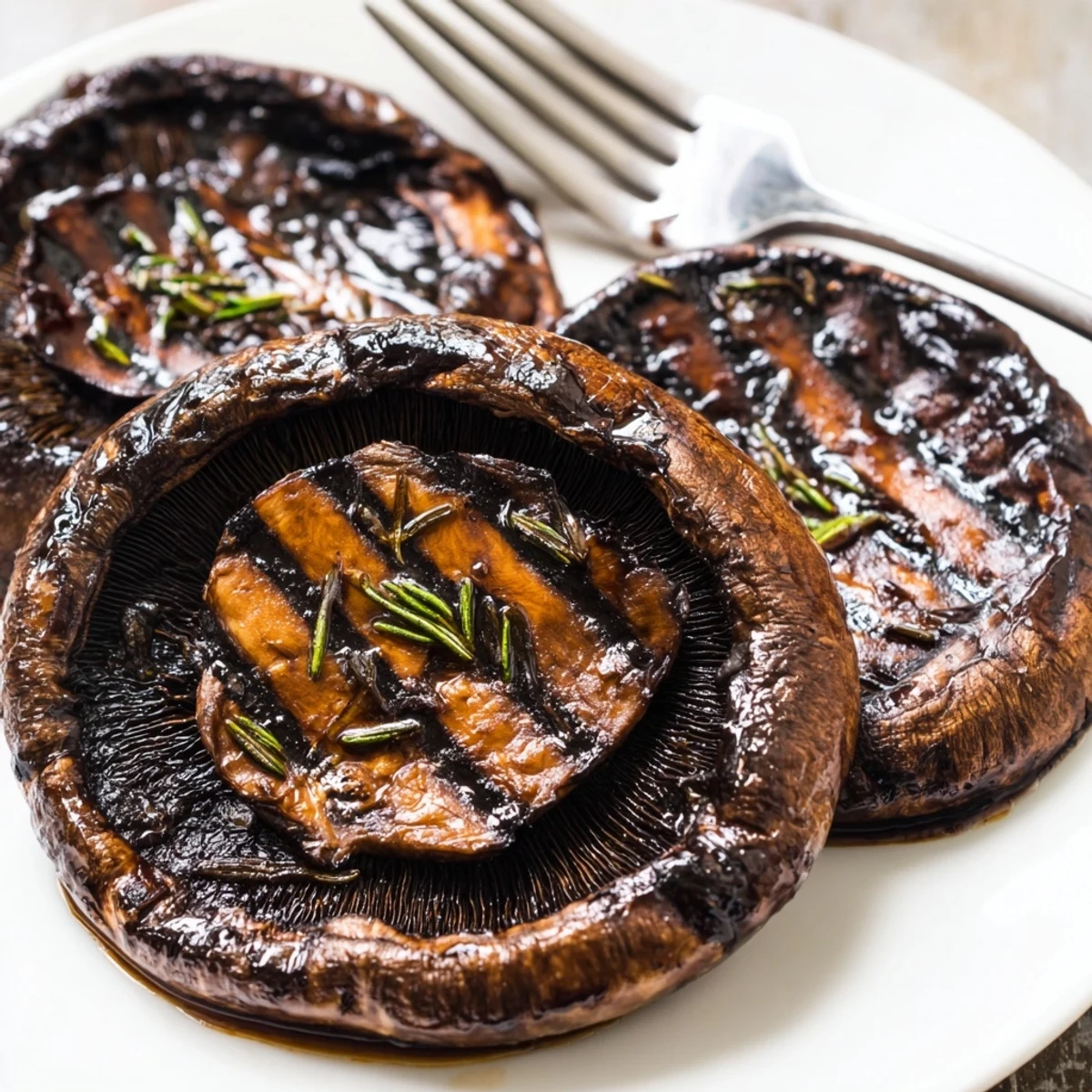 Smoky Portobello steaks plated alongside creamy mashed potatoes with fresh herb topping