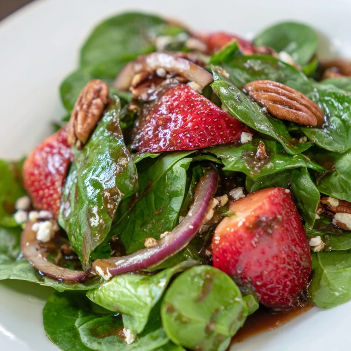 Fresh spinach strawberry salad with pecans drizzled with glossy balsamic vinaigrette in a wooden bowl
