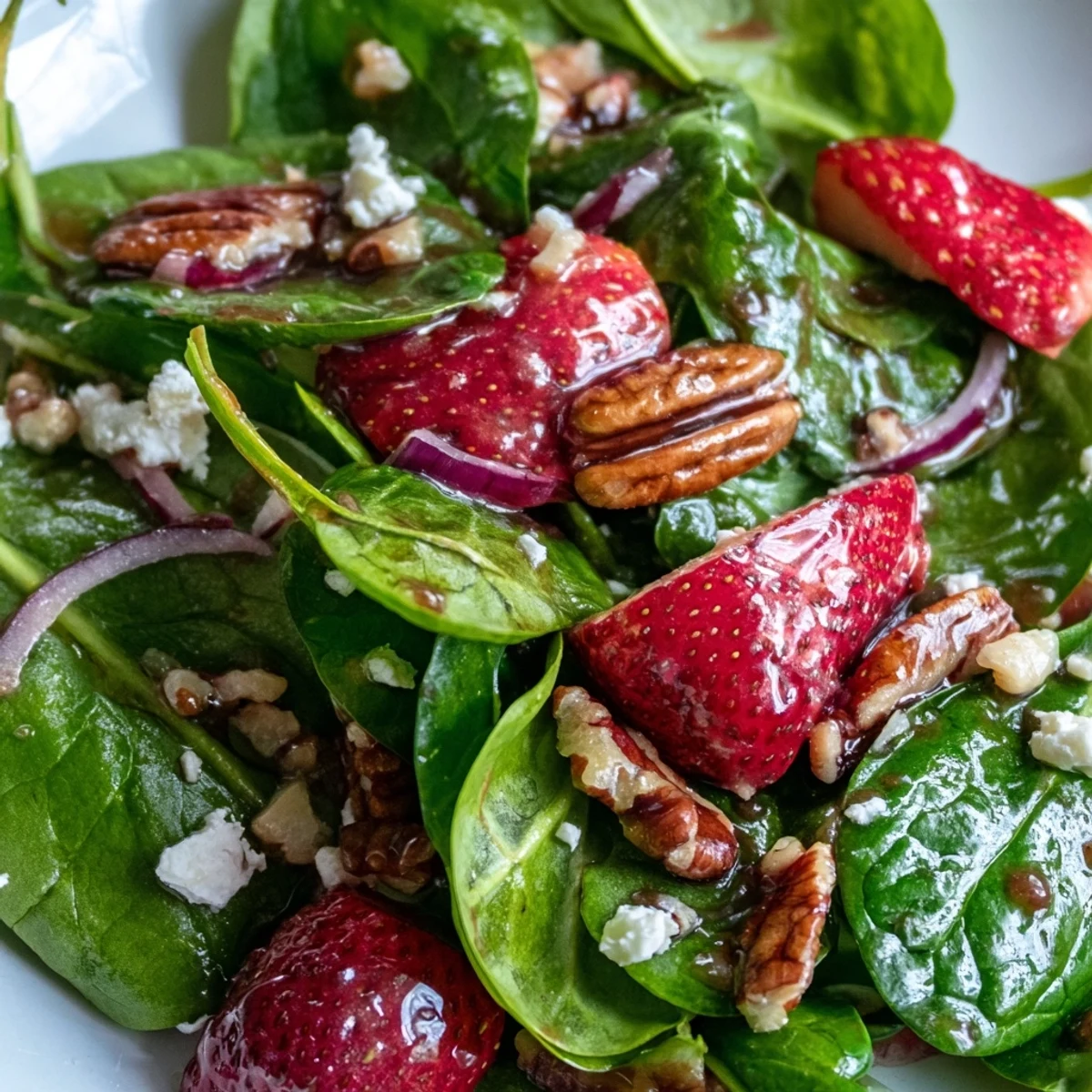 Vibrant spinach strawberry salad with pecans topped with crumbled feta on a rustic serving plate