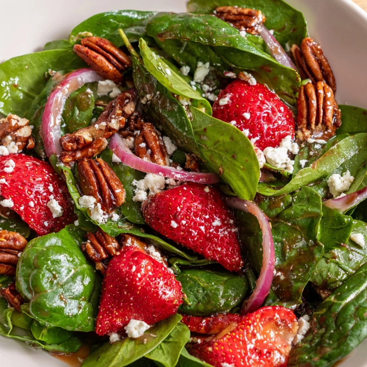 Crispy baby spinach leaves layered with ripe strawberries and toasted pecans in a summer salad