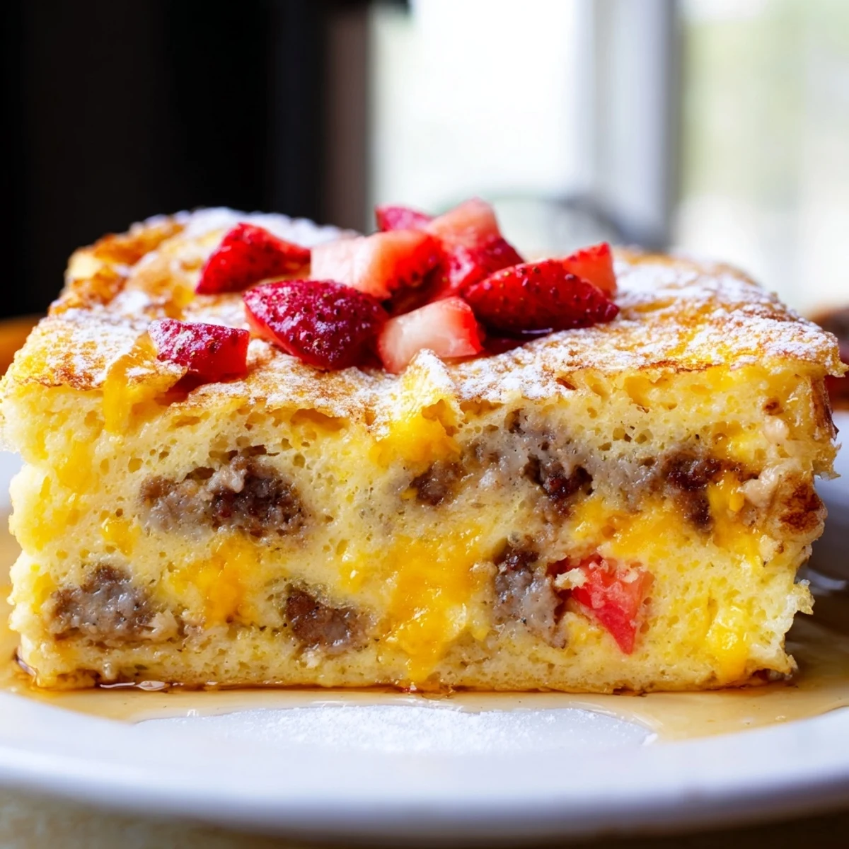 Overnight pancake breakfast bake sliced into squares and drizzled with warm maple syrup