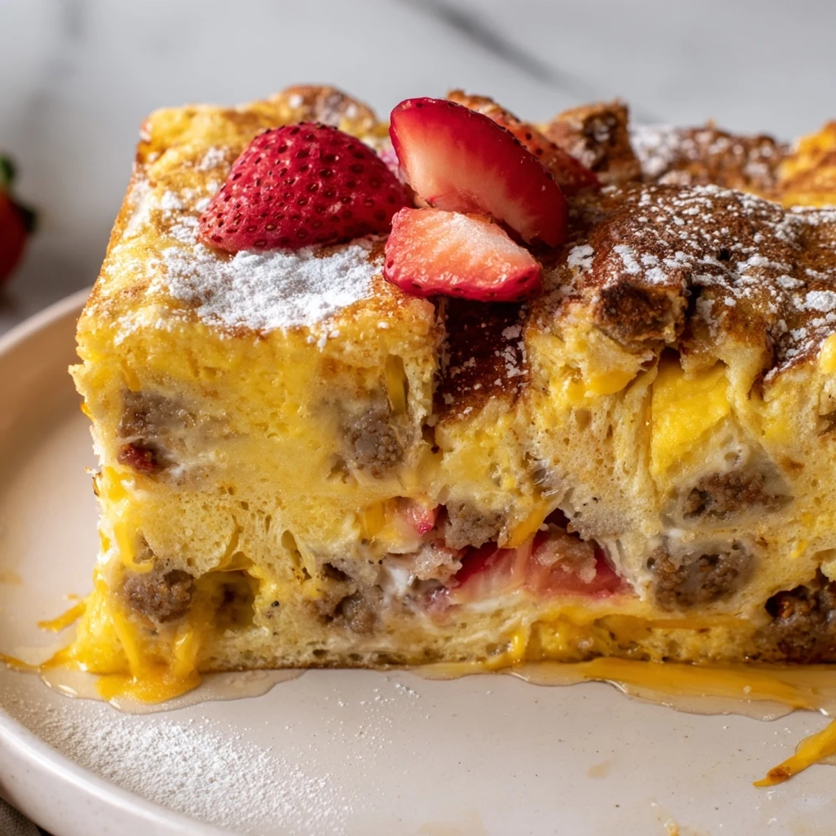 Golden overnight pancake breakfast bake fresh from the oven with melted cheddar on top