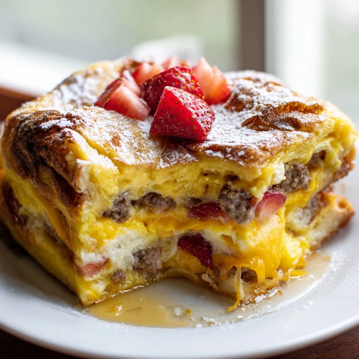Puffed overnight pancake breakfast bake garnished with powdered sugar and fresh seasonal berries