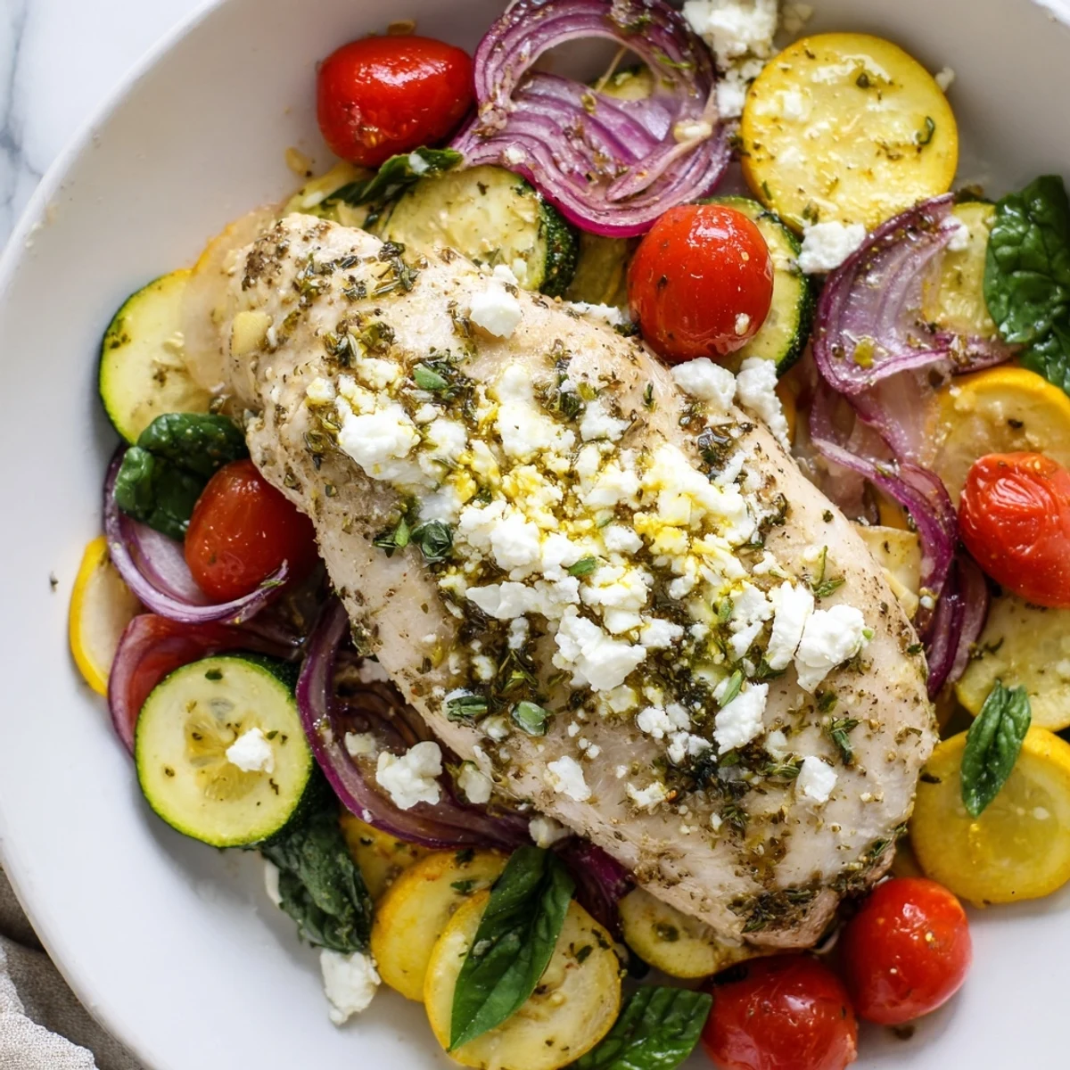 Golden summer chicken bake with roasted peppers, tomatoes, and melted feta cheese