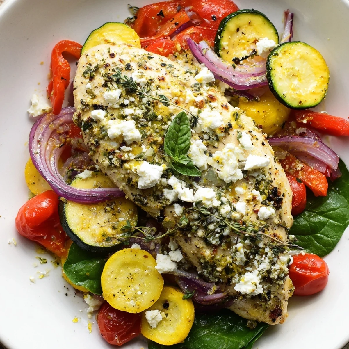 Juicy summer chicken bake fresh from the oven topped with colorful vegetables