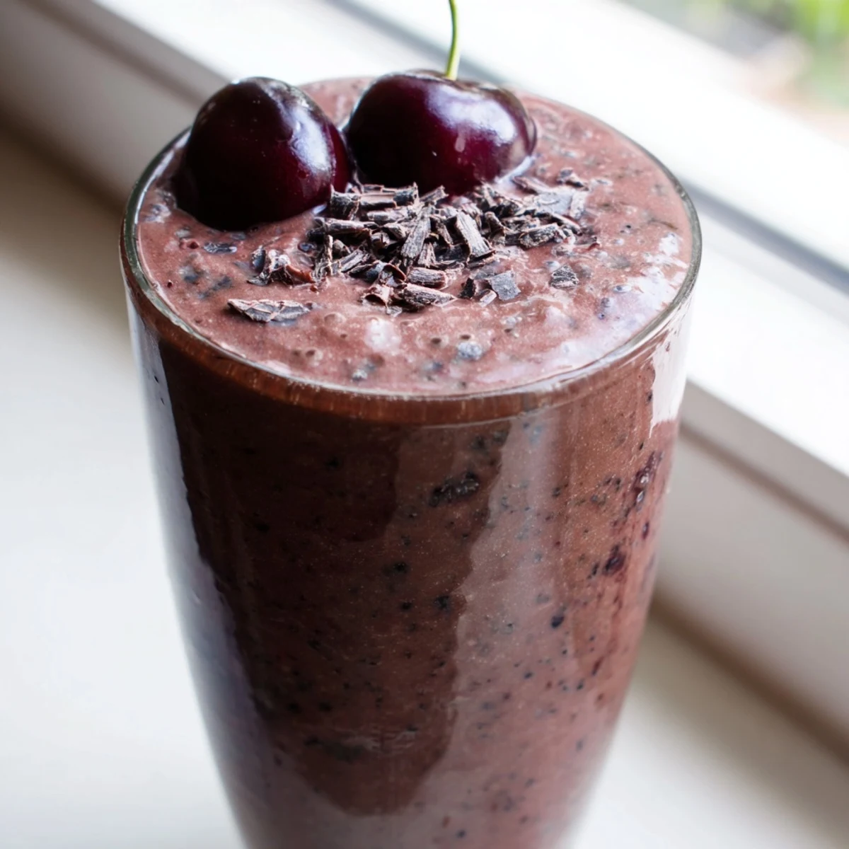 Thick chocolate cherry protein shake in a tall glass topped with fresh cherries