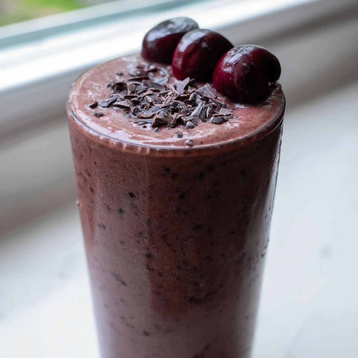 Creamy chocolate cherry protein shake blended smooth and poured into a glass