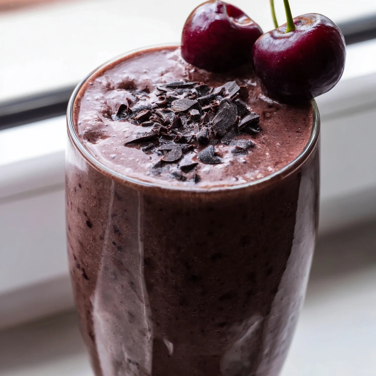 Rich chocolate cherry protein shake garnished with dark cocoa powder and cherries