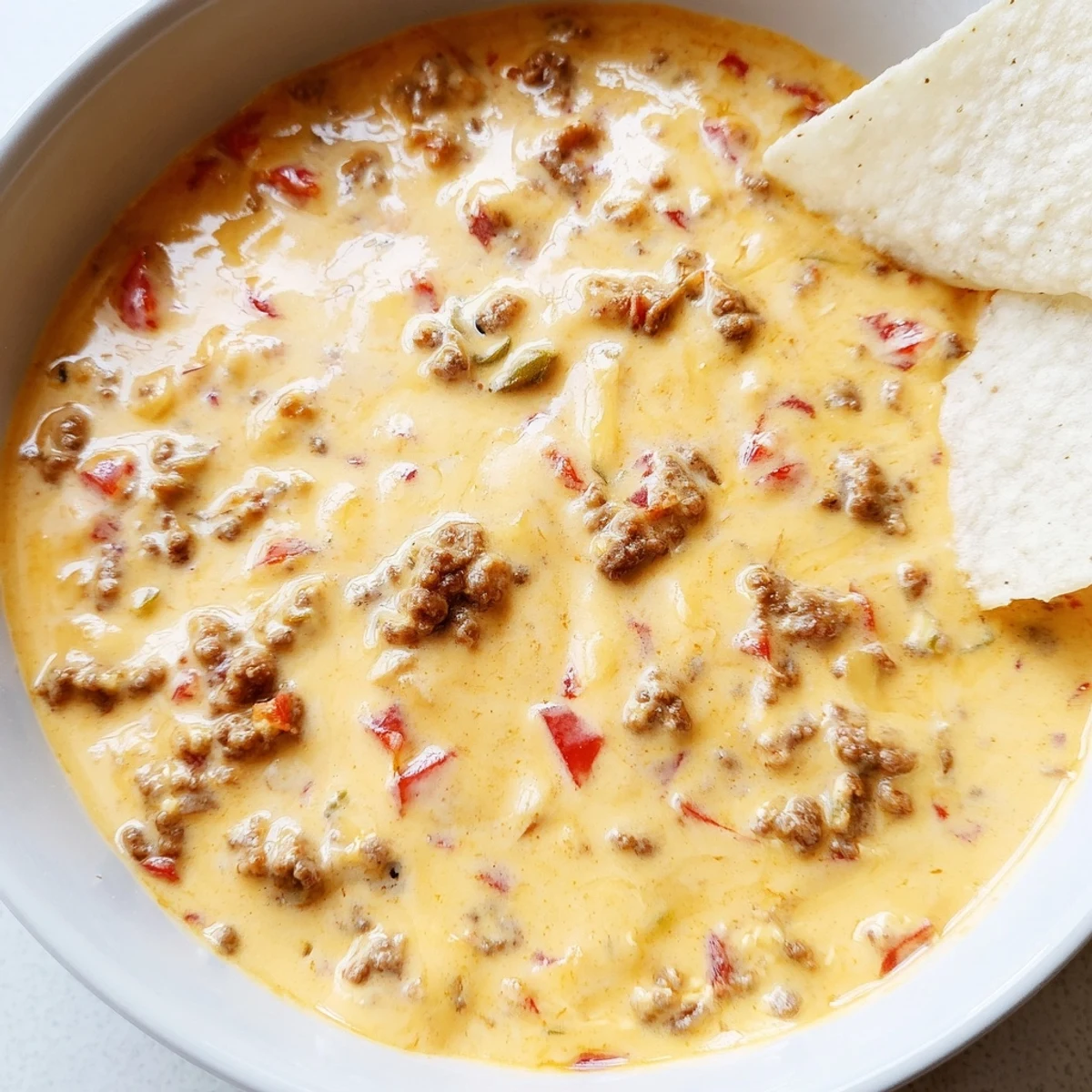 Creamy Rotel dip recipe with melted cheese and tomatoes in a warm serving bowl